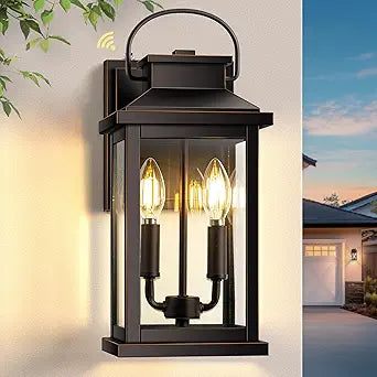VIANIS Large Outdoor Light Fixture Wall Mount, Dusk to Dawn Front Door Exterior Wall Sconce Lantern Oil Rubbed Bronze Gold Trim, E12 2-Light Farmhouse Outside Wall Lights for House Porch Patio Garage