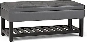 SIMPLIHOME Cosmopolitan Storage Ottoman Bench - 44 inch Wide Upholstered Vegan Leather Rectangle Storage Ottoman in Stone Grey, Transitional Bench for Bedroom with Tufted Lift-Top and Open Shelf