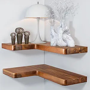 BATODA Acacia Wood Corner Floating Shelves 17" x 12" Corner Shelf Wall Mounted - Floating Book Shelves for Wall - Brackets and Shelving Hardware Included for Kitchen, Living Room, Bathroom (Set 2)