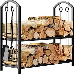 Fire Beauty Fireplace Firewood Log Rack 5-Piece Storage Logs Holder with Tools Set with 4 Tools Set Fireside Holders Wood Lumber Storage Stacking Black