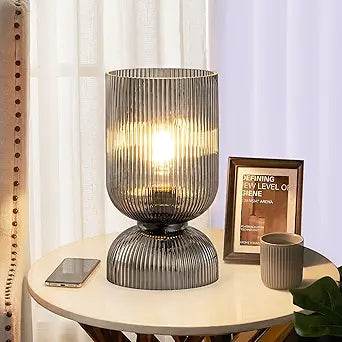 Modern Table Lamp,Glass Mid Century Lamp with Smoky Gray Glass Shade, Bedside Lamp with On/Off Switch, Minimalist Nightstand Lamp for Bedroom, Living Room, Office (Bulb not Included)