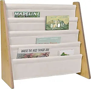 Wildkin Wooden Sling Bookshelf for Kids  Premium Canvas Design with 4 Fabric Shelves, Organizer for Home or Classroom - Natural w/Tan