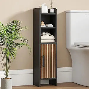Small Bathroom Storage Corner Floor Cabinet Narrow Toilet Paper Cabinet with Adjustable Shelves Wooden Slim Bathroom Organizers and Storage with Fluted Door for Small Spaces, Black