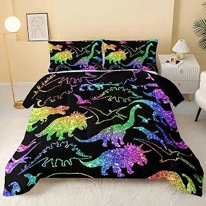 QOOMO Rainbow Dinosaur Comforter Set for Girls Boys, Twin | Cartoon Dino Kids Bedding, 1 Comforter + 2 Pillowcases, Shiny Glitter, Bedroom Decor