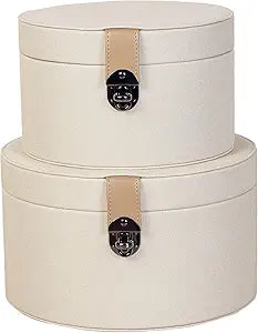 Set of 2 Round White Faux Leather Decorative Boxes with Lid for Home Decor