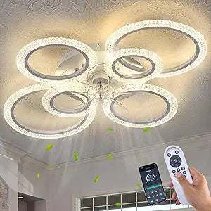 Yfrest Ceiling Fan with Light and Remote, White Low Profile Ceiling Fans with Lights, Flush Mount Ceiling Fan with 3 Light Color 6 Speeds, 35Inch Fandelier Ceiling Fan for Kitchen Living Room 6-Ring