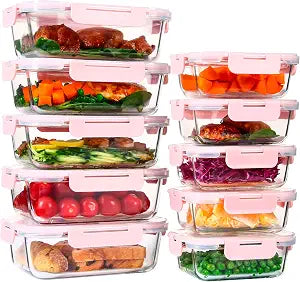 UMEIED 10 PACK Glass Food Storage Containers with Leak Proof Lids, Glass Airtight Meal Prep Containers Set for Lunch, On the Go, Leftover, Kitchen Pantry Organizers and Storage (Pink)
