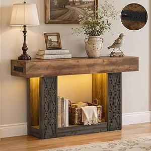 Unikito 47" Console Table with Outlets & LED Lights, Farmhouse Entryway Table with Unique Geometric Pattern, Sofa Table Behind Couch with 2-Tier Storage for Living Room, Hallway, Foyer, Grey & Brown