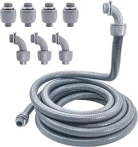 Liquid-Tight Conduit - 1/2inch 25 Foot Flexible Non Metallic Liquid Tight Electrical Conduit Kit, With 4 Straight and 3 90-Degree Conduit Connector Fittings.1/2" Dia