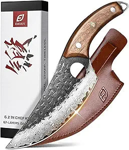 Emojoy Damascus Chef Knife, 67-Layer Damascus Steel Kitchen Knife with Black Hammered Finish, Japanese Knives for Home, Outdoor Cooking, BBQ, Include Gift Box, 6.3 Inch