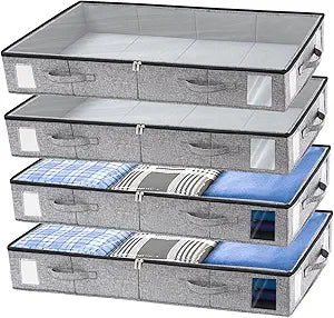 combocube 4 Pack Under Bed Storage Containers, Stackable Closet Organizers and Storage Bins with Sturdy Support, Foldable Underbed Clothes Storage Box for Blanket, Comforter, Sweater, Pillows, Shoes