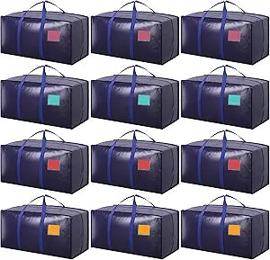 12 Pack Moving Bags with Full-Open Side Zipper, Extra Large 93L Heavy Duty Waterproof Foldable Storage Totes for College Dorm, Moving & Home OrganizationDarkBlue
