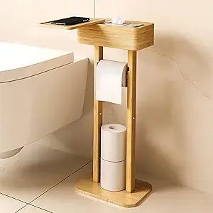 Wealone 4-in-1 Toilet Paper Holder Stand with Storage Shelf Box, 360 Rotating Bamboo Free Standing Toilet Tissue Roll, Toilet Wipes Dispenser Organizer Desktop for Bathroom Decor (Patented)
