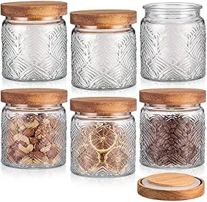Suclain 6 Pcs 17 OZ Vintage Glass Jar with Acacia Wood Lids Airtight Glass Storage Canisters Kitchen Spice Jars Food Storage Containers for Pantry Coffee Grains Tea Sugar Flour(Leaf)