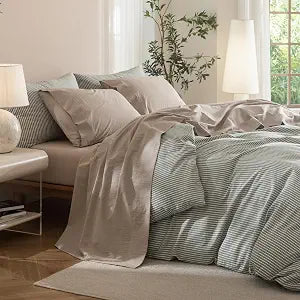 JIYUAN Queen Size Sheet Set, 4-Piece - 100% Washed Cotton, Linen-Like Soft & Breathable, Includes Deep Pocket Fitted & Flat Sheet with 2 Pillowcases, Hotel Quality, Heathered Warm Taupe