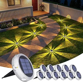YiLaie 12Pack Solar Ground Lights Outdoor,IP68 Waterproof Solar Powered Garden Lights,Stick & Stake Pathway Light,Unique Glow Flat Solar Lights for Backyard Deck Patio Driveway Walkway, Warm White