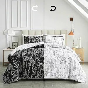 Joyreap 3 Pieces Quilt Set Full/Queen, Black n White Rversible Botanical Design, Smooth Soft Microfiber Quilt, Bedspread Bed Cover for All Season, 1 Quilt and 2 Pillow Shams- 90x90 inches