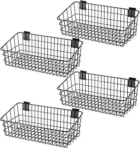 Yaocom 4 Pack Slatwall Baskets 15.8 Inch Width Metal Heavy Duty Wire Slatwall Mounted Hanging Storage Display Basket for Retail, Garage, Office, Sports, Toys, and More, Black
