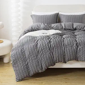 HYLEORY Gray Duvet Cover Twin Size, 3 Pieces (1 Duvet Cover + 2 Pillow Cases) Soft Washed Microfiber Seersucker Duvet Cover Set with Zipper Closure and Corner Ties for All Seasons