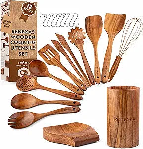 12-Piece Teak Wooden Kitchen Utensil Set  Nonstick Safe Cooking Spoons & Spatulas, Heat Resistant, Durable Natural Wood, Comfortable Grip Handles
