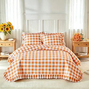 Joyreap 3pcs Ruffle Quilt Set Queen, Orange Gingham Plaid Ruffled Design for Girls, Soft Cozy Microfiber Farmhouse Bedspread Coverlet for All Season- 90x90 inches