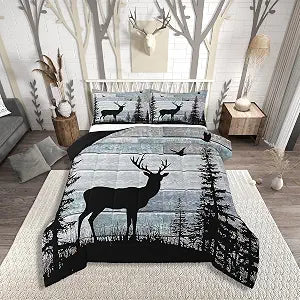 Erosebridal Forest Deer Bedding Set Rustic Queen Comforter Set,Cabin Farmhouse Country Lodge Down Comforetr,Western Animal Moose Print Bedding for Adult Women Man Bedroom,2 Pillowcases,Blue Grey