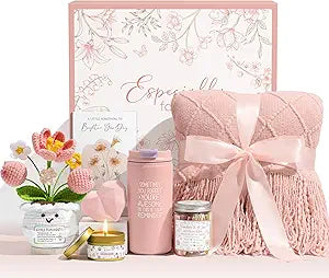 Birthday Gifts for Women Get Well Soon Gift Baskets, Self Care Package for Women w/Crochet Tulip Flower, Spa Sympathy Gift Basket Thinking of You Inspirational Gifts Set for Mom Her Friend Wife Sister