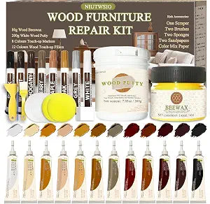 Wood Furniture Repair Kit  Set of 34 with Putty, Beewax, Fillers & Markers