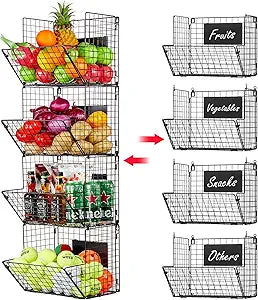 X-cosrack Metal Wire Basket Wall Mount, 4 Tier Extra Large Wall Storage Basket Organizer with Chalkboards, Kitchen Fruits and Vegetables Produce Bin Rack Toys Organizer Bathroom Tower Baskets (Black)
