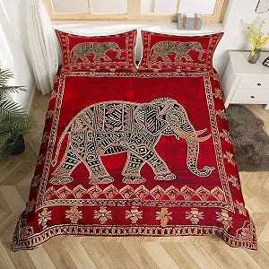 Indian Elephant Duvet Cover Set Full Size,Native American Indian Exotic Bedding Set,Boys Girls Room Decor,Psychedelic Bohemia Retro Comforter Cover,Red Trippy Boho Quilt Cover,2 Pillowcases(No Filler)