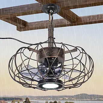 Outdoor Gazebo Fan with Hanging Hook, 15'' Waterproof Outdoor Ceiling Fan with Lights and Remote, 3CCT Dimmable 6-Speeds Reversible Quiet Plug in Caged Ceiling Fans for Patio Porch Pergola Canopy