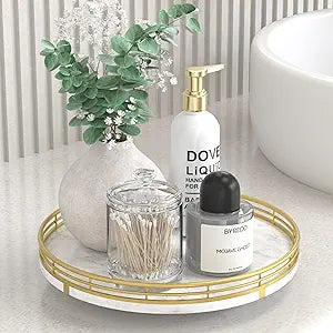 White Marble Lazy Susan Turntable for Table Top  10 Round Marble Tray Organizer for Bathrroom, Vanity, Dining Table, Kitchen Countertop & Bar, Luxury Stone Serving Tray with Gold Frame