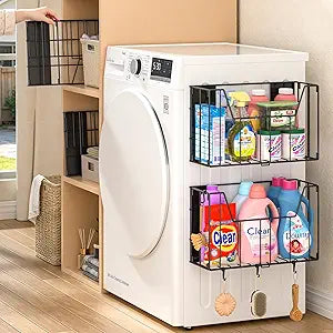 DTUQYX 2-Pack Magnetic Folding Storage Shelf, No Drill Heavy Duty Organizer with 4 Hooks Magnetic Basket Shelves for Laundry Kitchen RV Refrigerator Washing Machine Garage