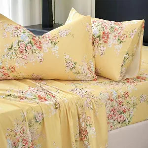 Zusbest Yellow Floral Sheets Queen Size 100% Percale Cotton Rustic Cottagecore Bed Sheet Set, Soft Breathable Crisp, Shabby-Chic Coral Pink Flower Bedding Deep Pocket Fitted Sheet 17.5, 4Pcs