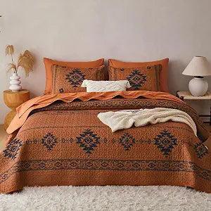 Wake In Cloud - Western Quilt Set, Southwestern Aztec Country Tribal Native American Rustic Ranch, Reversible Lightweight Bedspread Coverlet, 3 Pieces, Burnt Orange, Queen/Full Size