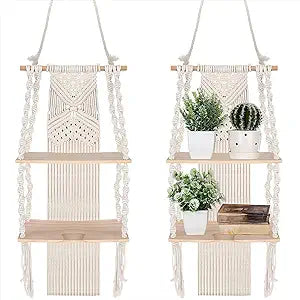Barydat 2 Pack Macrame Wall Hanging Shelf 2 Tier Handmade Boho Hanging Wall Shelf Floating Woven Rope Decorative Storage Racks Holder Organizer for Home Bedroom Bathroom Plants, Beige (Classic)