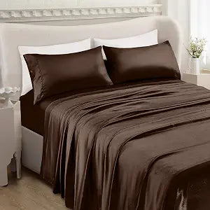 Mocassi Premium Satin 4-Piece Bed Sheet Set Ultra Smooth, Cooling, Gentle on Skin and Hair - Deep Pocket Fitted Sheet, Long-Lasting Wrinkle and Stain Resistant Fabric, King, Chocolate Brown