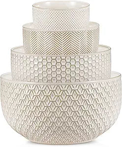 KooK Ceramic Mixing Bowls, Nesting Set of 4, Embossed Kitchen Dishware, Prep, Serving, Gift, Microwave and Dishwasher Safe, 20/44/98/145 oz, Narbonne Collection (Ivory)