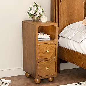 Narrow Nightstand, Small Tall Beside Table with 2 Drawers and Open Shelf, Walnut Solid Wood Night Stand, Mid Century Modern Nightstand for Bedroom (10 inch)