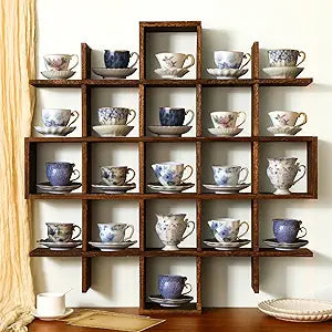 Suzile Oversize Tea Cups and Saucers Shelf Rustic Wooden Coffee Display Shelves Wooden Floating Curio Shelf Mounted Tea and Saucer Rack Holder for Kitchen Station Bar Accessories(Brown)