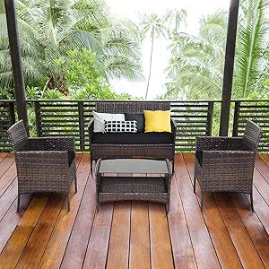 Tangkula 4 PCS Patio Wicker Furniture Set Outdoor Garden Lawn Poolside Rattan Wicker Sofa Furniture Cushioned Seat Conversation Set with Removable Cushions & Coffee Table Patio Sofa Furniture (Black)