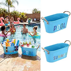 LemonRoad 2 Pack Poolside Sunscreen Holder Organizer Summer Pool Baskets Blue Metal Storage Bucket Above Ground Pool for Summer Party Swimming Camping Beach Indoor Outdoor Sunblock Sunglasses(Handle)