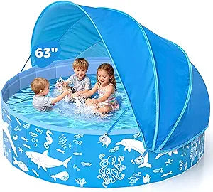63 Extra Large Kiddie Pool with Canopy, EPN UPF 50+ Sun Shade Baby Pool, No Inflation Foldable Toddler Pool for Backyard Outdoor & Beach, Portable Thickened PVC BPA-Free Kids Water Play Pool, Blue
