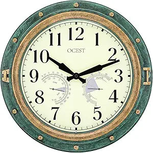 OCEST 16 Inch Indoor Outdoor Clock, Waterproof Wall Clock with Thermometer Hygrometer, Silent Non-Ticking Battery Operated Decor for Home Decor, Patio(Retro Green)