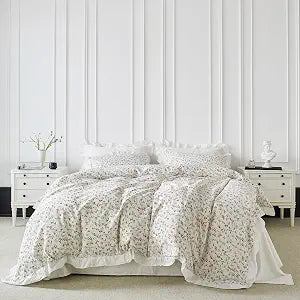 YuHeGuoJi White Ruffle Botanical Duvet Cover King 100% Cotton 3 Pcs Set