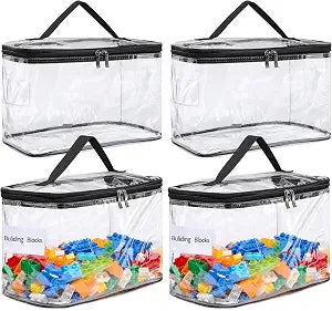 4-Pack Large Clear Storage Bag for Toys with Name Tag, Waterproof PVC Toy Organizer Case for Legos Bricks, Building Blocks, Puzzles, Stationery, Small Item Storage Bins(12.6  7.9  6.3 in)