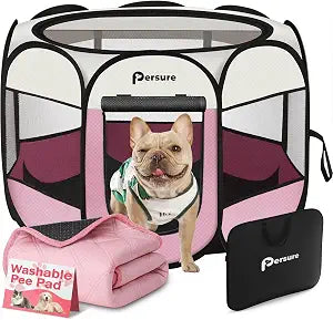 Dog Cat Playpen Indoor Outdoor for Puppy Pet Dogs Cat Recovery After Surgery, Dog Tent Crates Cage Indoor/Outdoor, Portable Pop Up Kennel with Carrying Case for Travel (Pink with Pad, Large)