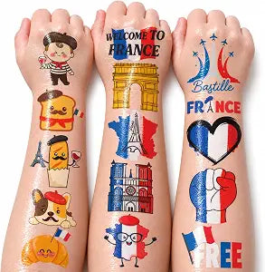 96 PCS French Paris France Flag Pre-Cut Temporary Tattoos for Kids