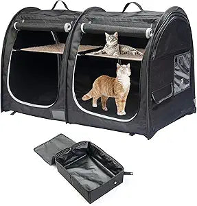 Mispace Portable Twin Compartment Show House Cat Cage Condo,Comfy Puppy Home Dog Travel Crate with Carry Bag/2 Hammocks/Mats & Collapsible Litter Box