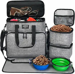LARIPOP Dog Travel Bag Airline Friendly for Small Medium Large Dogs, Pet Travel Organizer with Collapsible Bowls Food Containers Mat, Waterproof Portable Tote for Dog Outdoor Travel